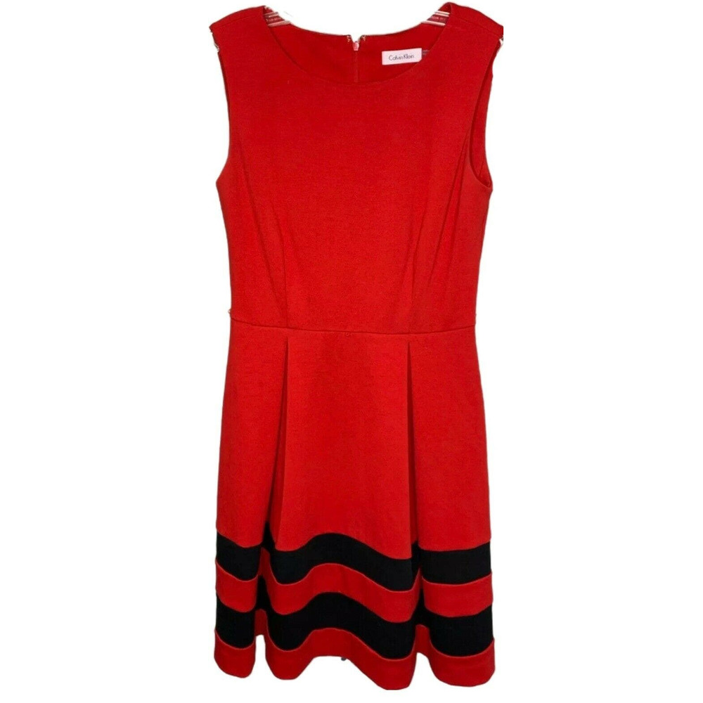Calvin Klein Women's Dress Red Black‎ Pleated Midi Career Sleeveless Size 4